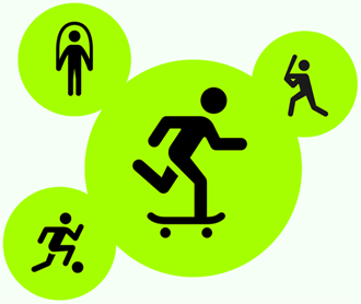 Dessins de personnages faisant des entraînements de saut à la corde, de baseball, de planche à roulettes et de soccer.