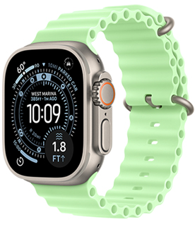 Apple Watch Ultra 3, natural color titanium case, Orienteering watch face, complications: UV Index, Activity, Compass, right side exterior, Digital Crown, microphone, side button, Ocean Band, neon green color