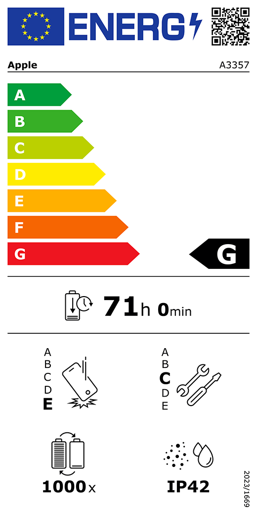 Étiquette énergétique de l’UE, code QR et informations, modèle Apple A3357, classe G, classes d’efficacité énergétique (échelle allant de A à G), A (la plus élevée) à G (la plus basse), endurance de la batterie par cycle, 71 heures et 0 minute par charge complète de la batterie, résistance aux chutes répétées de classe E, A (plus résistante) à E (moins résistante), réparabilité de classe C, A (plus réparable) à E (moins réparable), endurance de la batterie de 1 000 cycles, indice de protection IP42 pour la poussière et l’eau, règlement 2023/1669