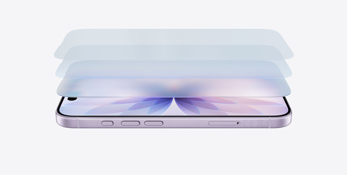iPhone 17 lavanda in orizzontale, con una rappresentazione grafica dei vari strati del Ceramic Shield 2