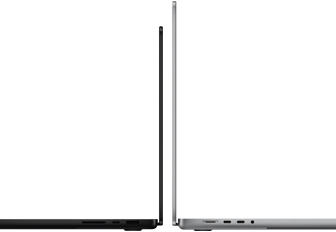 MacBook Pro od 14 inča i 16 inča postavljeni leđa uz leđa, prikazuju razliku u veličini i naglašavaju tanki profil