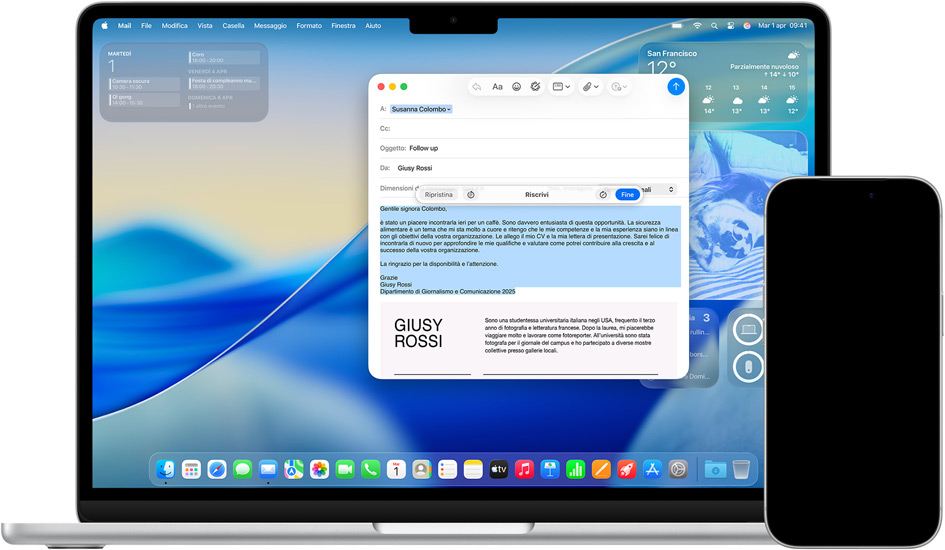Un iPhone e un Mac con gli Strumenti di scrittura