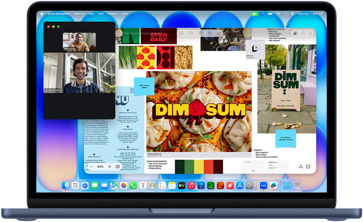 Indigo spalvos „MacBook Neo“, vyksta vaizdo skambutis, „Freeform“ langas su meniu, maisto nuotrauka ir iliustracijos kinų restoranui