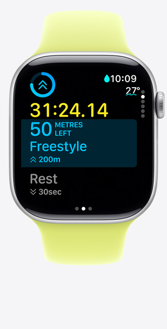 Apple Watch Series 11, aluminium case, silver colour, Custom Workout screen tracks Pool Swim, metrics onscreen, Sport Band, neon yellow colour