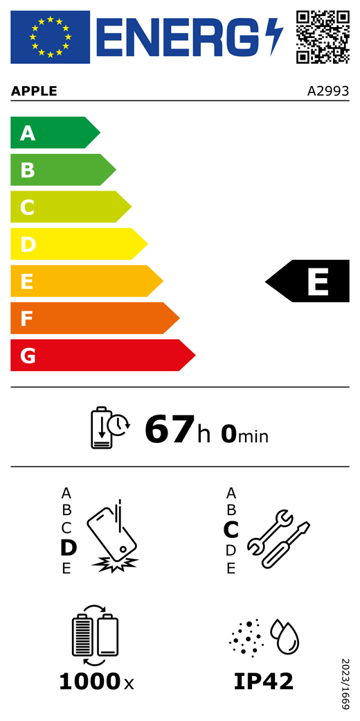 QR kód a informácie na energetickom štítku EÚ, model Apple A2993, trieda E, triedy energetickej účinnosti (so stupnicou od A po G), A (najúčinnejšia) až G (najmenej účinná), výdrž batérie na jeden cyklus, 67 hodín a 0 minút na plné nabitie batérie, trieda spoľahlivosti pri opakovanom voľnom páde D, A (najodolnejšia) až E (najmenej odolná), trieda opraviteľnosti C, A (najopraviteľnejšia) až E (najmenej opraviteľná), výdrž batérie 1000 cyklov, stupeň ochrany proti vniknutiu prachu a vody (IP) IP42, nariadenie 2023/1669