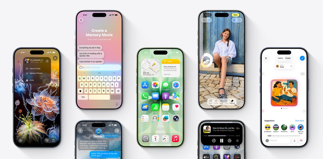 Vidíme viaceré iPhony&nbsp;17 a&nbsp;iPhony&nbsp;17&nbsp;Pro s&nbsp;rôznymi obrazovkami zobrazujúcimi iOS&nbsp;26 a&nbsp;funkcie Apple&nbsp;Intelligence