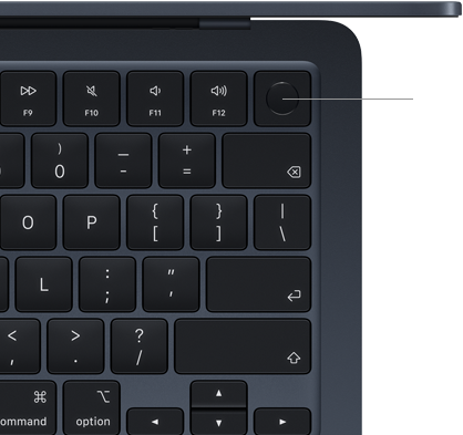 Klávesnica MacBooku Air so zvýrazneným umiestnením tlačidla Touch ID vpravo hore