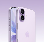 iPhone 17, Lavanta rengi, önden dış görünüm, arkadan açılı dış görünüm, tepede solda Dual Fusion kamera sistemi, Kamera Denetimi düğmesi, önden yan görünümde tam ekran tasarımı, Eylem düğmesi, ses düğmeleri ve yan düğmeler