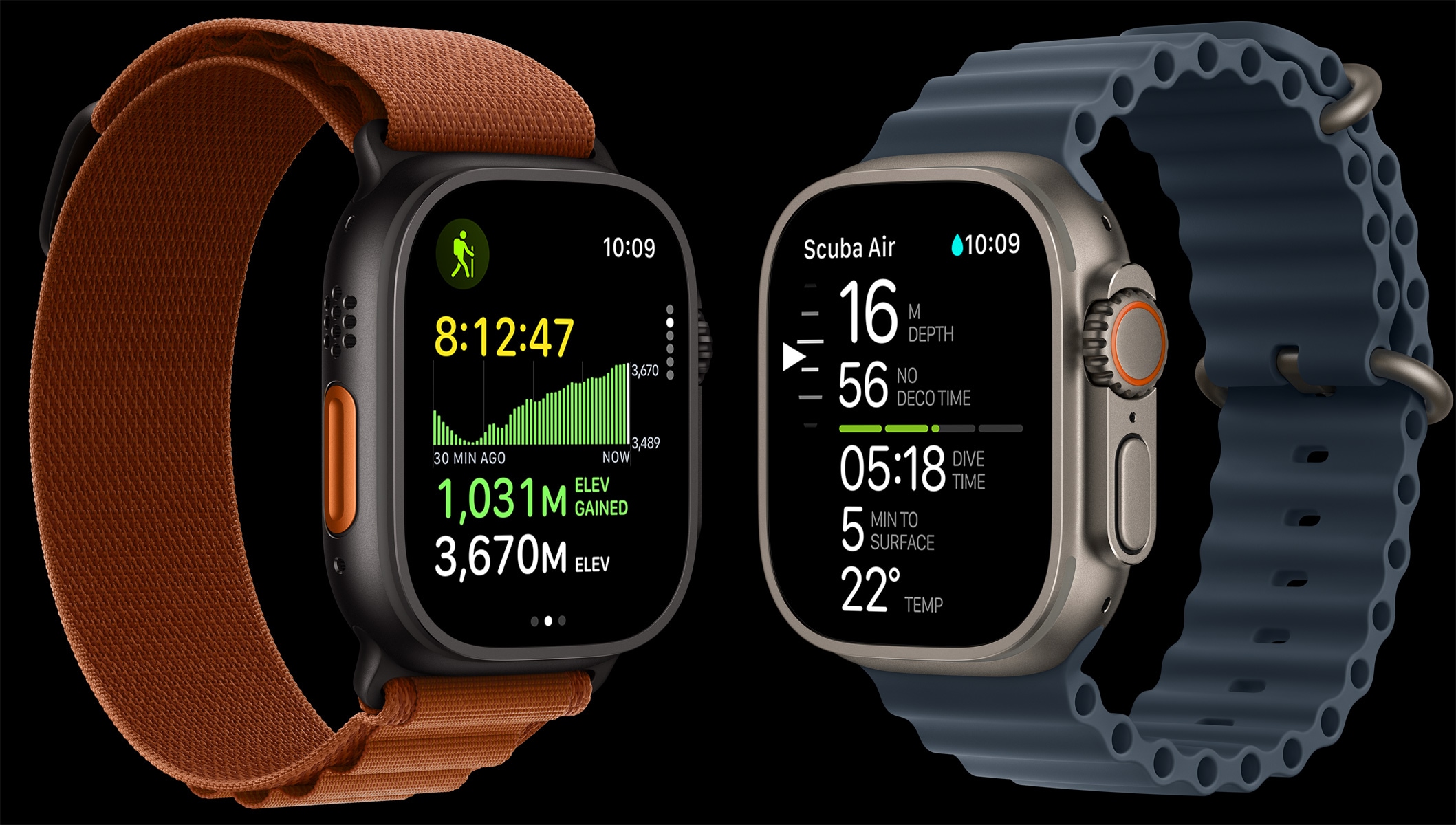 Apple Watch Ultra 3 з титановими корпусами чорного і натурального кольорів, карта маршруту, показники занурення, ремінці, браслет Alpine теракотового кольору та ремінець Ocean сталевого синього кольору