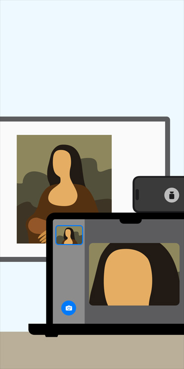 MacBookの画面上の拡大鏡アプリのアニメーション。教室のホワイトボードに映し出されたモナリザの画像を拡大して表示している