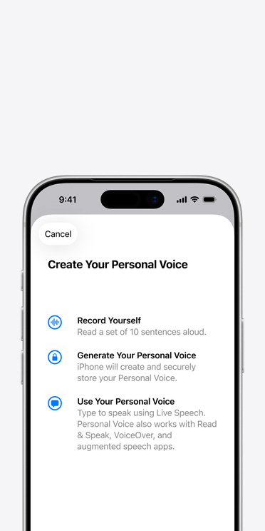 개인 음성 기능에서 개인 음성 만드는 방법 안내문을 보여주는 iPhone 17 Pro 화면