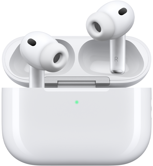 Trådløse AirPods Pro 3-øretelefoner i hvid med silikonepropper og bogstaverne R og L på indersiden af henholdsvis højre og venstre stav samt MagSafe-opladningsetui (USB‑C) i hvid med afrundet design, LED-strømindikator og åbent låg