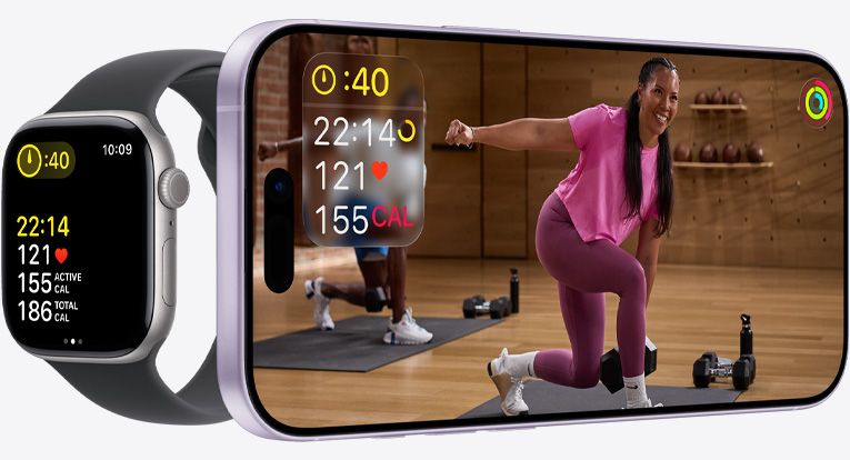App Apple Fitness+ sur un iPhone affichant un exercice avec des données d’entraînement synchronisées sur une Apple Watch