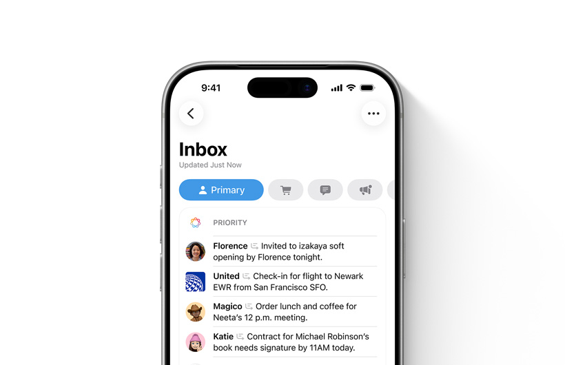 iPhone viser indbakken i Mail-appen, hvor vigtige beskeder ligger øverst