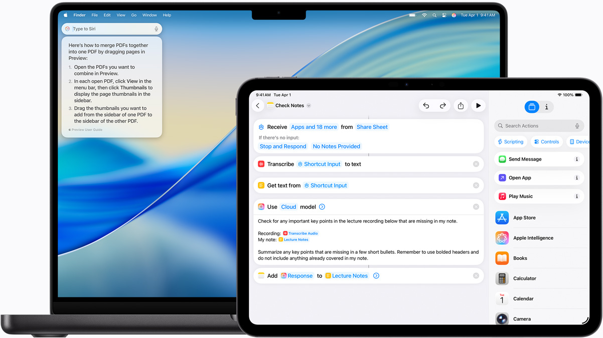 Mac 展示「輸入以使用 Siri」功能；iPad 展示內置 Apple Intelligence 的捷徑 app。