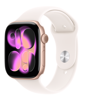 Apple Watch Series 11, värinä ruusukulta, alumiinikuori, reagoiva taidekellotaulu, näkymä oikeasta sivusta, Digital Crown, mikrofoni, sivupainike, urheiluranneke, värinä punanhäivä