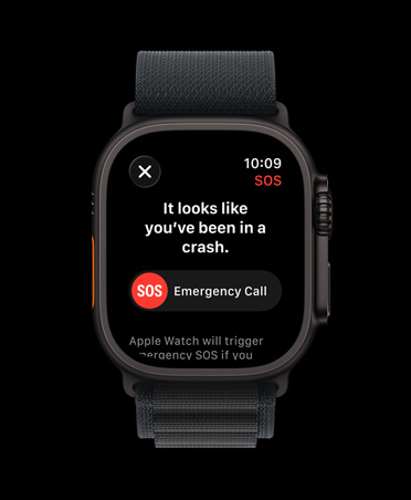 Apple Watch Ultra 3, musta väri, titaanikuori, kolarintunnistusilmoitus, kehotus soitosta hätäkeskukseen, Alpine-ranneke, musta väri