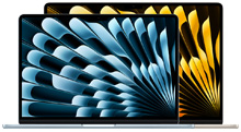 Laptops MacBook Air, una más pequeña delante de otra más grande, abiertas, fondos de pantalla brillantes con un diseño abstracto en azul y amarillo.