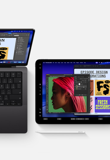 Una MacBook y un iPad con el Apple Pencil, ambas pantallas muestran el mismo software de diseño gráfico para ilustrar la continuidad entre dispositivos.