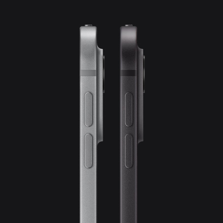 Deux iPad Pro, vue latérale, orientation portrait, argent et noir sidéral, boutons d’augmentation et de diminution du volume, angles arrondis, bords droits, système caméra pro en relief