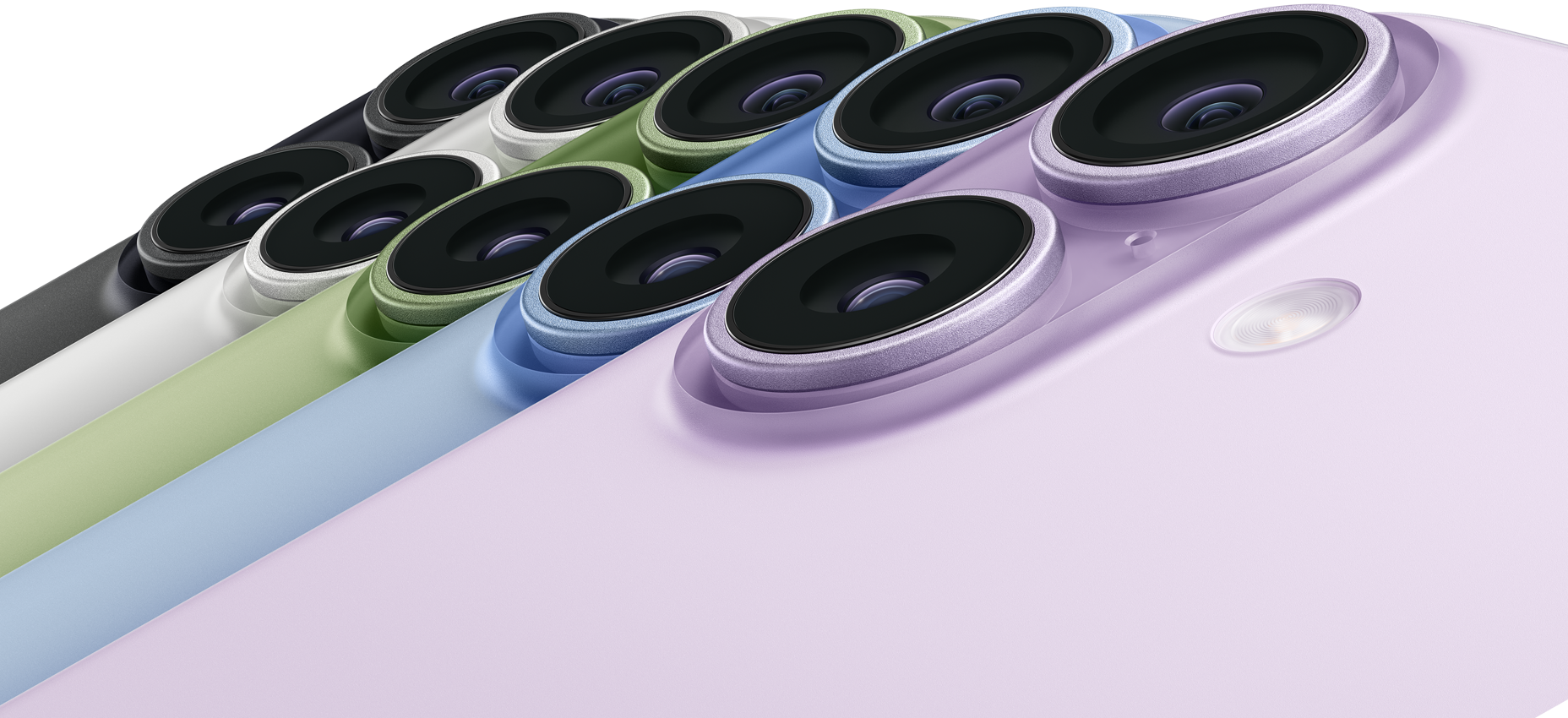 Cinque iPhone 17 mostrati da dietro, sistema a doppia fotocamera Fusion nell’angolo in alto a sinistra, nei colori: nero, bianco, salvia, azzurro nebbia e lavanda