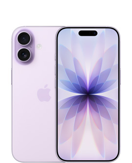 薰衣草紫色 iPhone 17 機身背面，雙融合相機系統位於左上角，Apple 標誌在中央；薰衣草紫色機身正面，展示頂部中央的動態島
