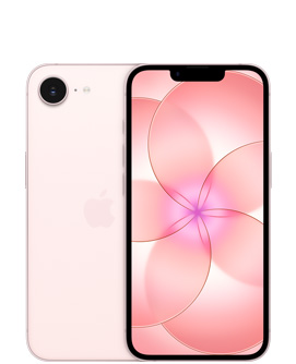 淺粉紅色 iPhone 17e 的機身背面，融合相機位於頂部，Apple 標誌在中央；淺粉紅色 iPhone 17e 的機身正面，展示全螢幕設計