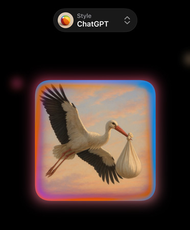 Genmoji-skærm med et billede af en fotorealistisk stork, der bærer et svøb til en baby i næbbet, og de forskellige valgmuligheder for tilpassede ChatGPT-formater