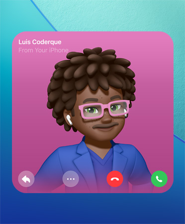 FaceTime 個人聯絡海報，Genmoji 就在海報的中央，人名在左上角，而下方則是回覆、更多選項、收線和接聽的圖像