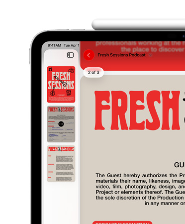 橫向放置 iPad，Apple Pencil 以磁力貼合在頂部；在螢幕的左上方正顯示預覽程式 app 中的 PDF